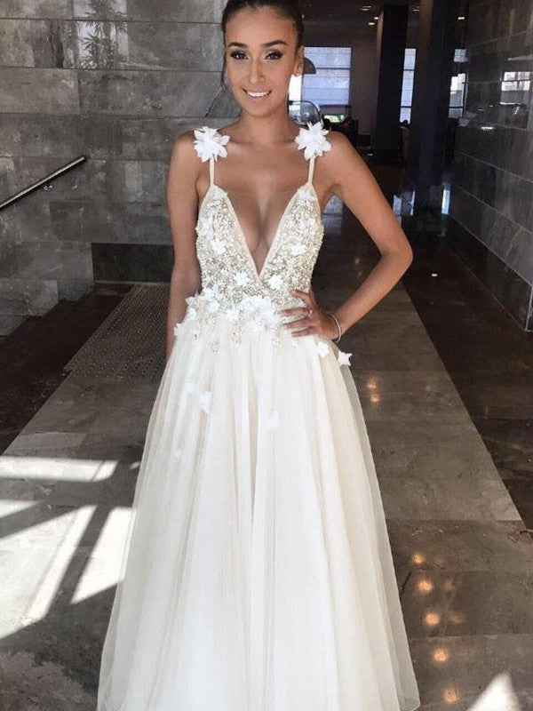 Vestidos de novia de corte A/princesa, de tul, con cuentas, escote en V, sin mangas y hasta el suelo