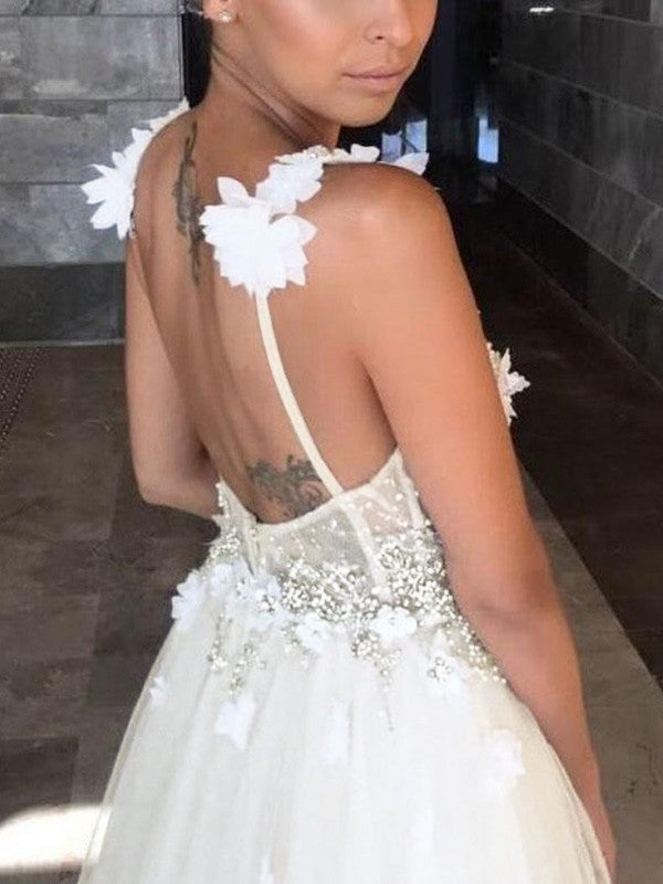 Vestidos de novia de corte A/princesa, de tul, con cuentas, escote en V, sin mangas y hasta el suelo