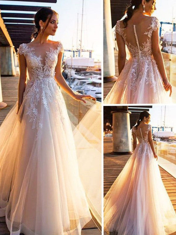 A-Linie/Princess-Linie Bateau-Ausschnitt Applikationen Kurze Ärmel Sweep/Pinsel zug Tüll Brautkleider