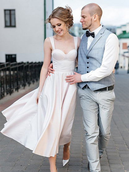 A-Line/Princess Straps Satin Ruffles Sleeveless Tea-Length Wedding Dresses