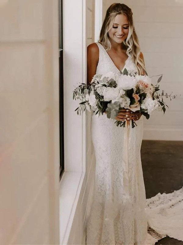 Sheath/Column Ruffles Sweep/Brush Train Sleeveless Straps Lace Wedding Dresses