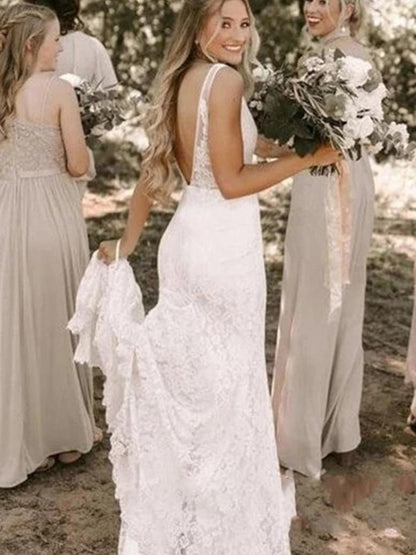 Sheath/Column Ruffles Sweep/Brush Train Sleeveless Straps Lace Wedding Dresses