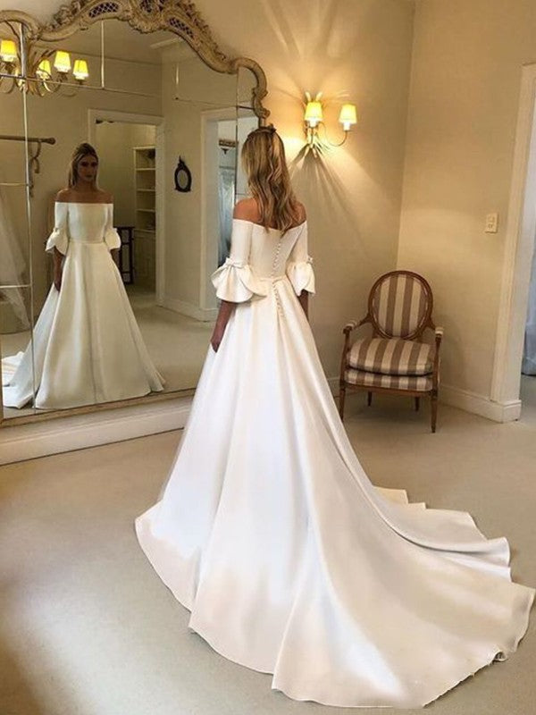 A-Line/Princess Off-the-Shoulder Charmeuse Ruffles 3/4 Sleeves Court Train Wedding Dresses