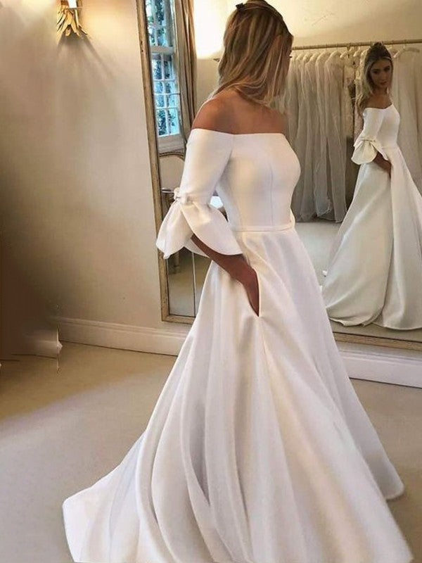 A-Line/Princess Off-the-Shoulder Charmeuse Ruffles 3/4 Sleeves Court Train Wedding Dresses