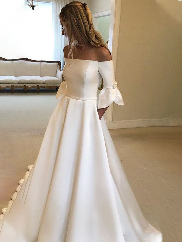 A-Line/Princess Off-the-Shoulder Charmeuse Ruffles 3/4 Sleeves Court Train Wedding Dresses