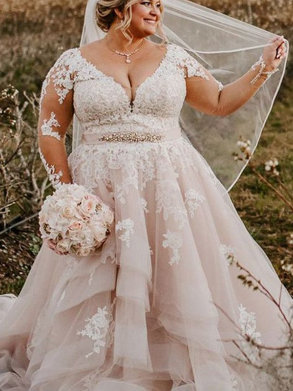 Vestido de novia de talla grande, manga larga, cola de corte, tul, apliques, escote en V