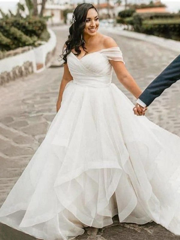 Vestidos de novia de talla grande, corte A/princesa, con volantes, cola larga, organza, sin mangas y hombros descubiertos