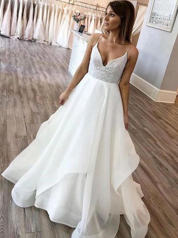 Vestidos de novia de corte A/princesa, tirantes finos, organza, volantes, cola larga y sin mangas