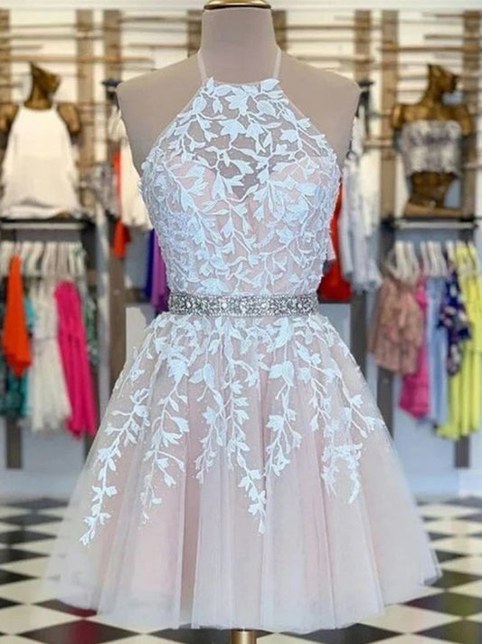 Vestidos de fiesta cortos/mini con escote halter, sin mangas, de tul, con apliques y corte princesa