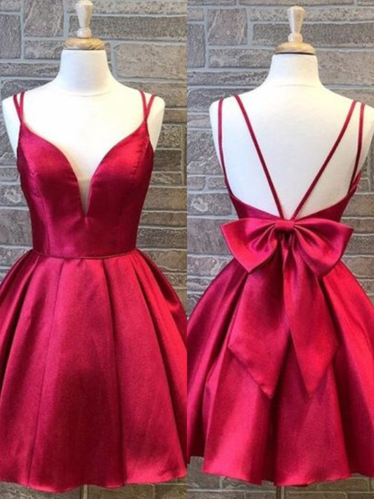 Vestidos de fiesta cortos/mini de satén con tirantes finos, sin mangas y lazo, corte A/princesa