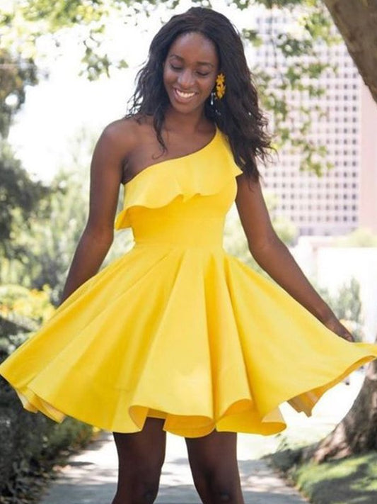 Vestidos de fiesta cortos/mini de satén sin mangas con volantes y un solo hombro, corte A/princesa