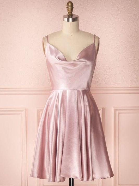 Vestidos de fiesta cortos/mini de corte A/princesa, de satén tipo seda, con volantes, sin mangas y tirantes finos