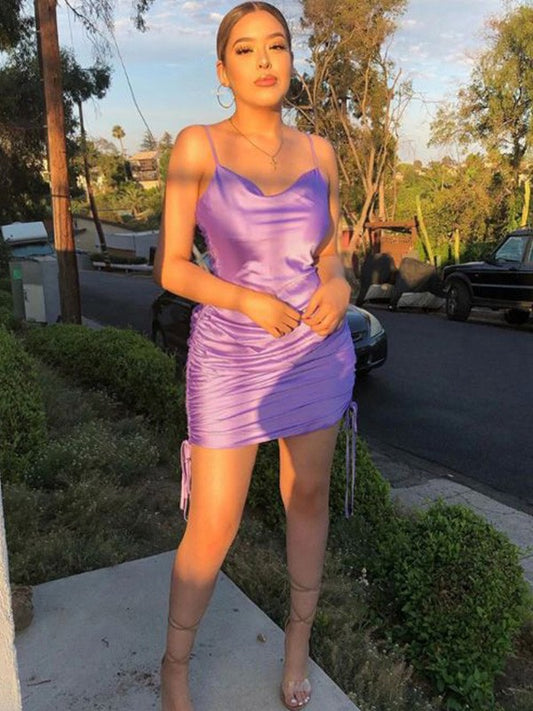 Sheath/Column Woven Satin Straps Sleeveless Ruched Short/Mini Homecoming Dresses