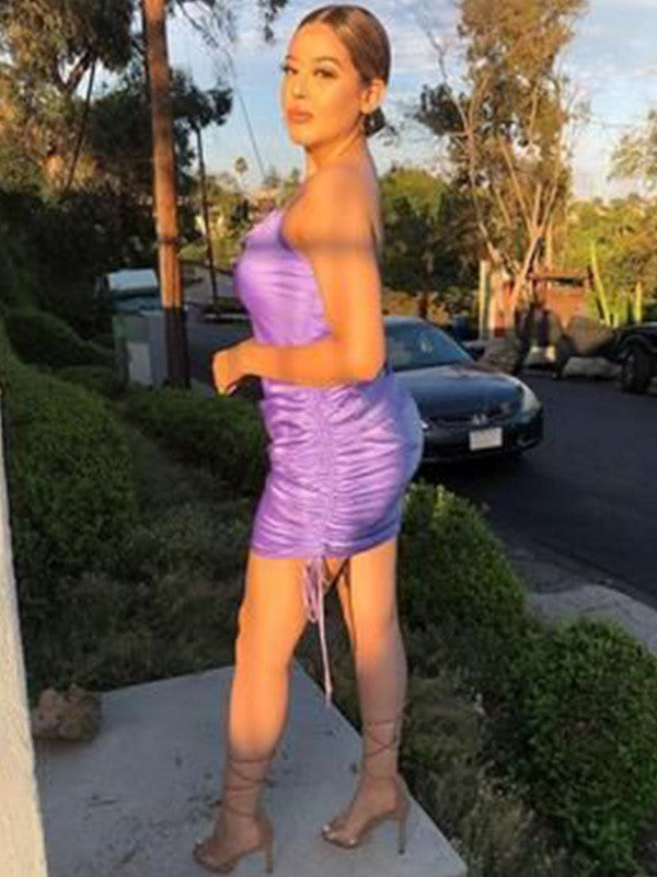 Vestidos de fiesta cortos/mini con frunces, sin mangas, de satén tejido y tirantes finos