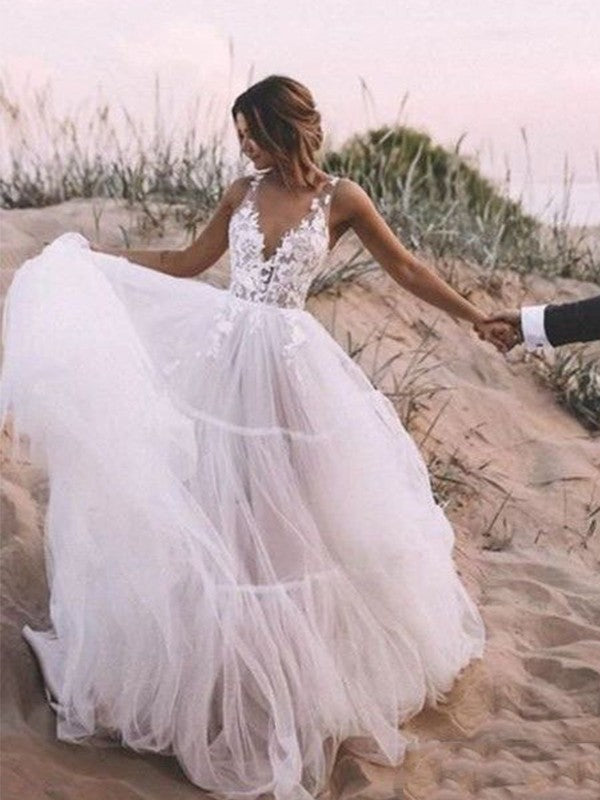 A-Line/Princess V-neck Sleeveless Tulle Applique Floor-Length Wedding Dresses