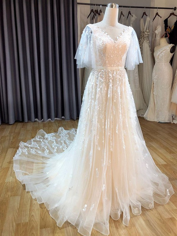 A-Line/Princess Tulle V-neck Short Sleeves Applique Sweep/Brush Train Wedding Dresses
