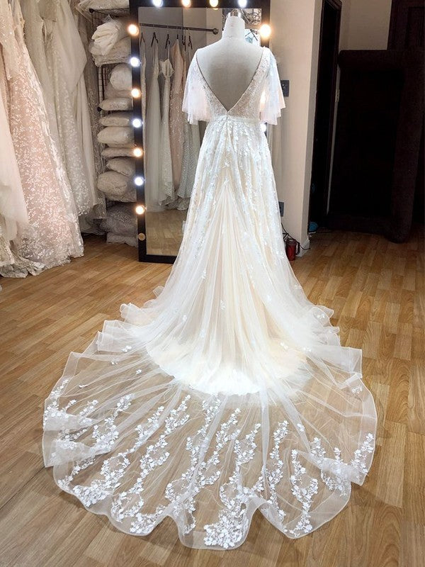 A-Line/Princess Tulle V-neck Short Sleeves Applique Sweep/Brush Train Wedding Dresses