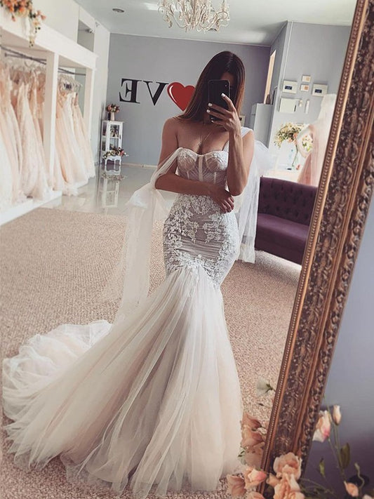 Trumpet/Mermaid Tulle Straps Applique Sleeveless Sweep/Brush Train Wedding Dresses