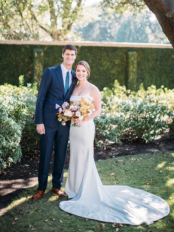 Sheath/Column Woven Satin Ruched Square Sleeveless Court Train Wedding Dresses