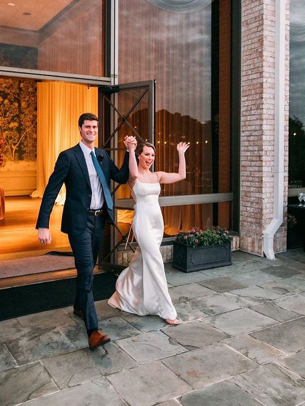 Sheath/Column Woven Satin Ruched Square Sleeveless Court Train Wedding Dresses