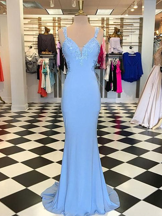 Sheath/Column Jersey Applique V-neck Sleeveless Sweep/Brush Train Dresses