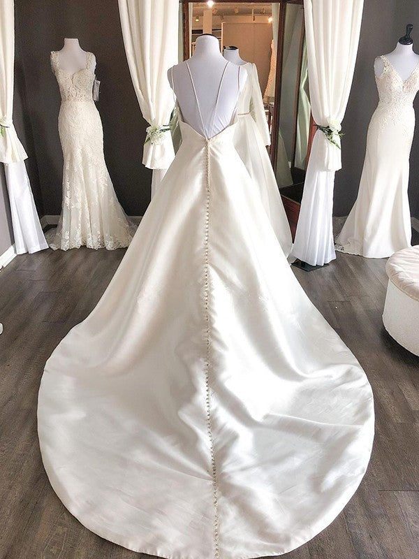 Vestidos de novia de corte A/princesa, de satén, con volantes, escote corazón, sin mangas y cola larga