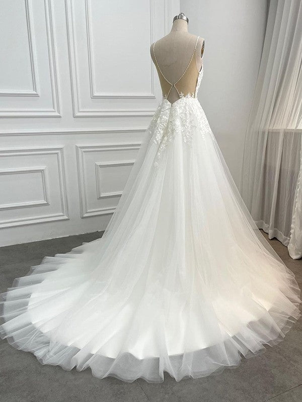 Vestidos de novia de corte A/princesa, con apliques de tul, escote en V, sin mangas y cola larga
