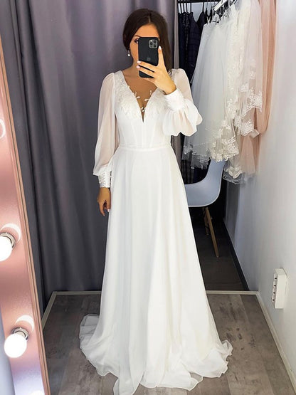 A-Linie/Princess-Linie Chiffon Rüschen V-Ausschnitt Lange Ärmel Sweep/Pinsel zug Brautkleider