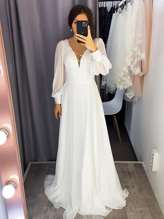 A-Linie/Princess-Linie Chiffon Rüschen V-Ausschnitt Lange Ärmel Sweep/Pinsel zug Brautkleider