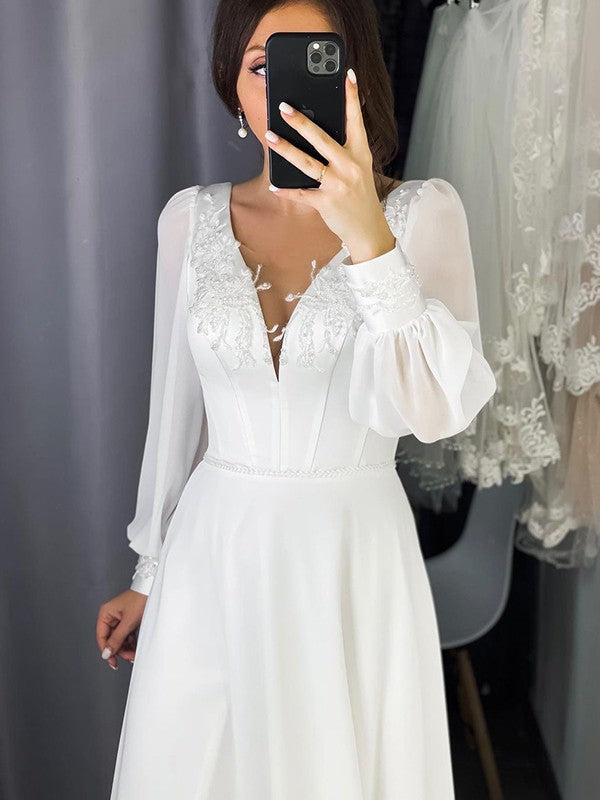 A-Line/Princess Chiffon Ruffles V-neck Long Sleeves Sweep/Brush Train Wedding Dresses