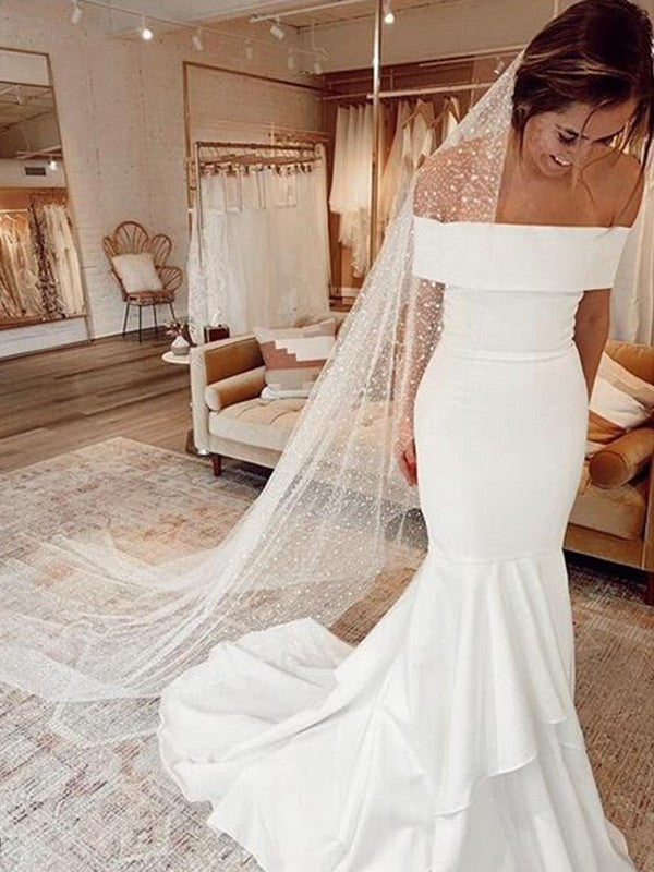 Sheath/Column Stretch Crepe Ruffles Off-the-Shoulder Sleeveless Sweep/Brush Train Wedding Dresse