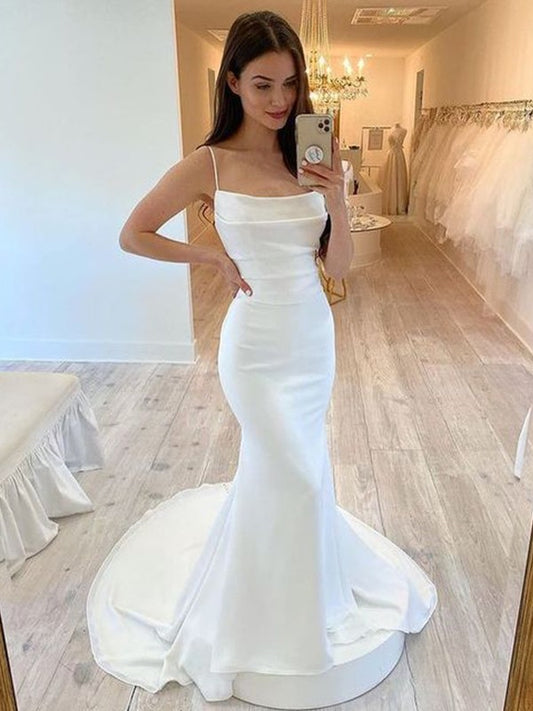 Sheath/Column Stretch Crepe Ruched Spaghetti Straps Sleeveless Court Train Wedding Dresses
