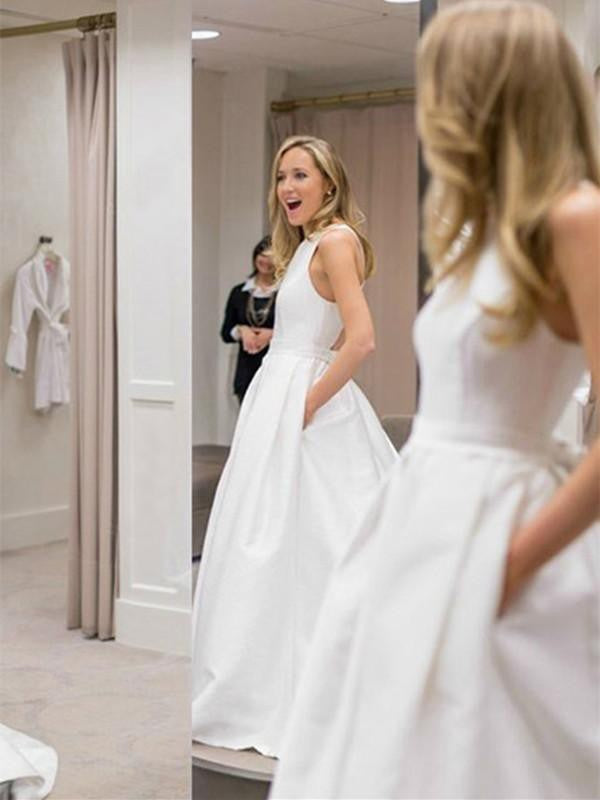 A-Linie/Princess-Linie Satin Rüschen U-Ausschnitt Ärmellos Sweep/Pinsel zug Brautkleider