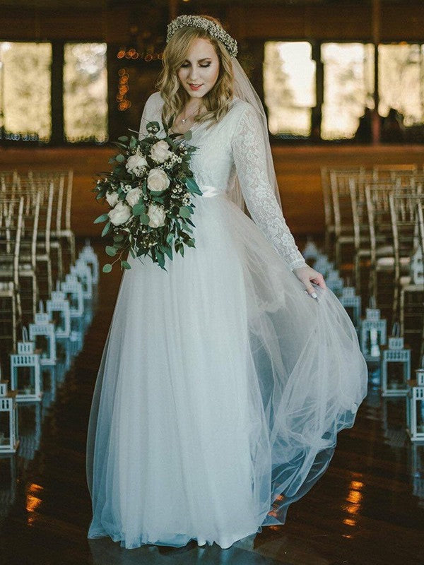 A-Line/Princess Tulle Lace V-neck Long Sleeves Floor-Length Wedding Dresses