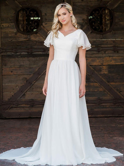 A-Linie/Princess-Linie Chiffon Rüschen V-Ausschnitt Kurze Ärmel Sweep/Pinsel zug Brautkleider