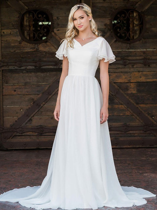 A-Linie/Princess-Linie Chiffon Rüschen V-Ausschnitt Kurze Ärmel Sweep/Pinsel zug Brautkleider