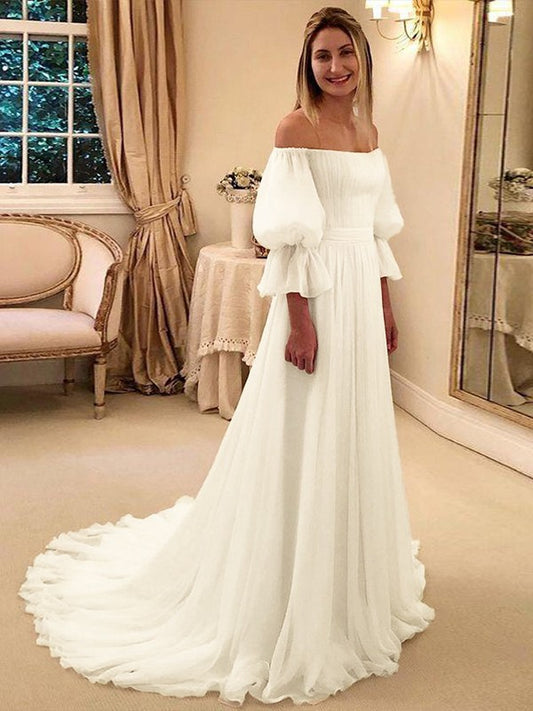 A-Linie/Princess-Linie Chiffon Rüschen Schulterfrei 3/4 Ärmel Sweep/Pinsel zug Brautkleider