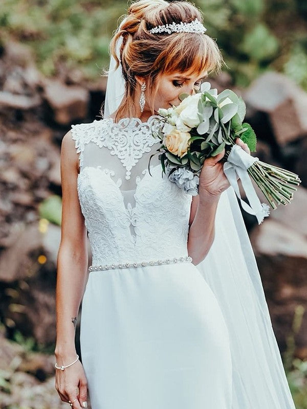 Etui-Linie Spitze Applikationen U-Ausschnitt Ärmellos Sweep/Pinsel zug Brautkleider