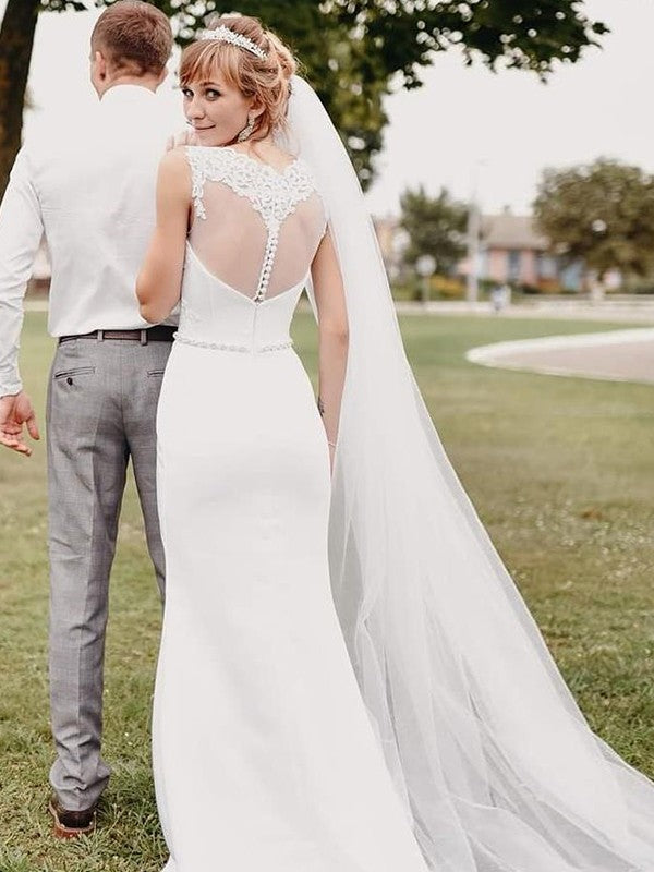 Etui-Linie Spitze Applikationen U-Ausschnitt Ärmellos Sweep/Pinsel zug Brautkleider