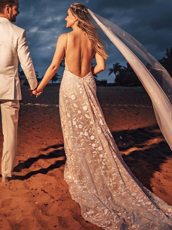 Sheath/Column Lace Applique V-neck Sleeveless Sweep/Brush Train Wedding Dresses