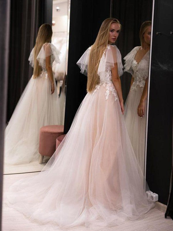 A-Linie/Princess-Linie Tüll Applikationen Herzausschnitt Kurze Ärmel Sweep/Pinsel zug Brautkleider