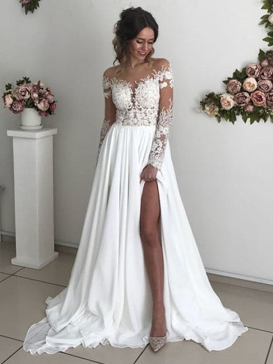 A-Linie/Princess-Linie Chiffon Applikationen U-Ausschnitt Lange Ärmel Sweep/Pinsel zug Brautkleider