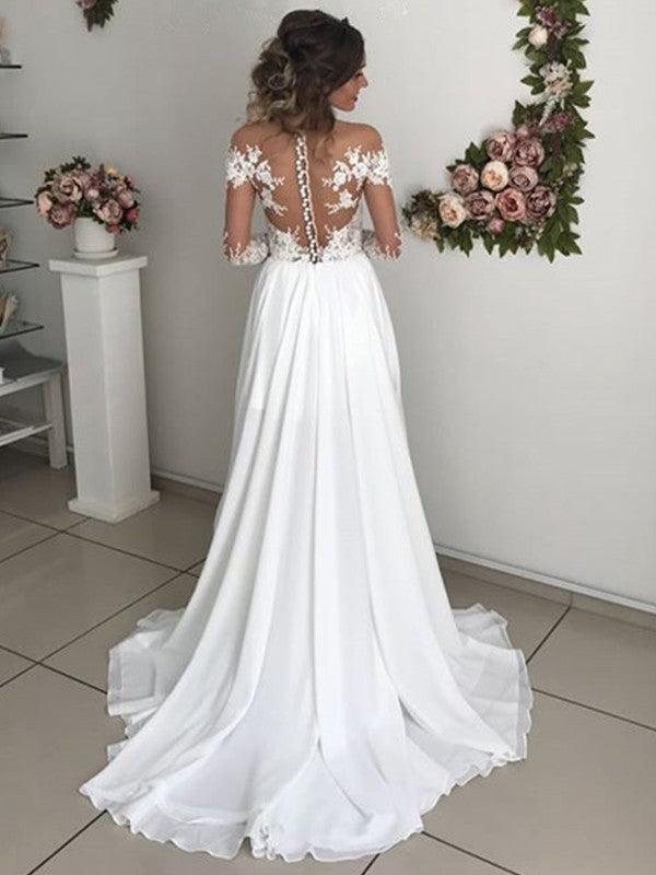 A-Linie/Princess-Linie Chiffon Applikationen U-Ausschnitt Lange Ärmel Sweep/Pinsel zug Brautkleider