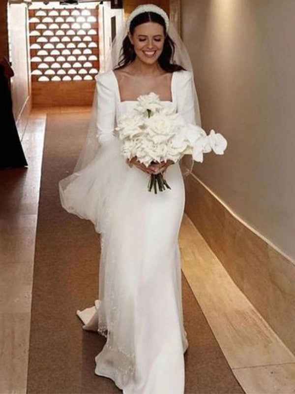 Sheath/Column Stretch Crepe Ruched Square Long Sleeves Sweep/Brush Train Wedding Dresses