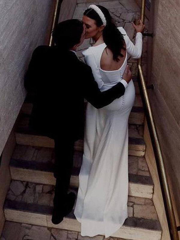 Sheath/Column Stretch Crepe Ruched Square Long Sleeves Sweep/Brush Train Wedding Dresses