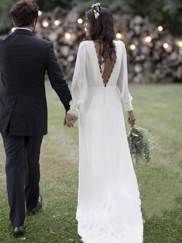Vestidos de novia de corte A/princesa, de gasa, con volantes, escote en V, mangas largas y cola larga