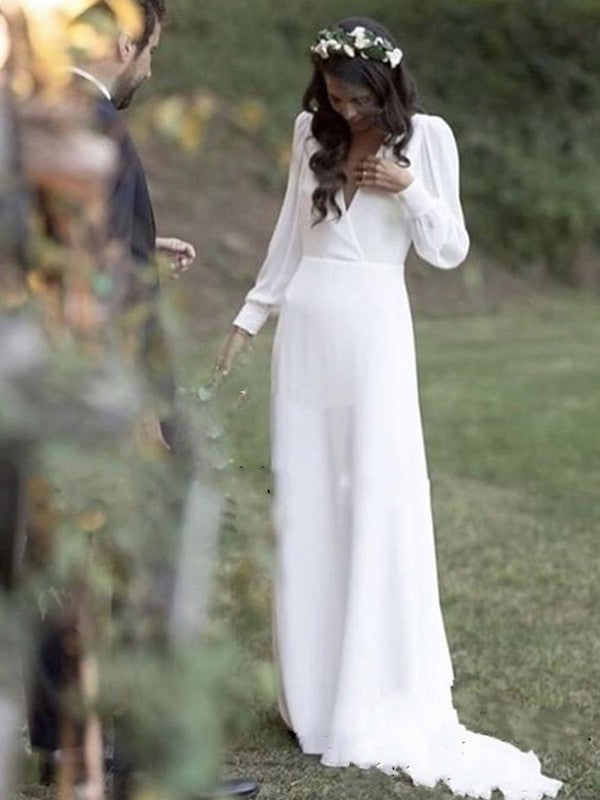 Vestidos de novia de corte A/princesa, de gasa, con volantes, escote en V, mangas largas y cola larga