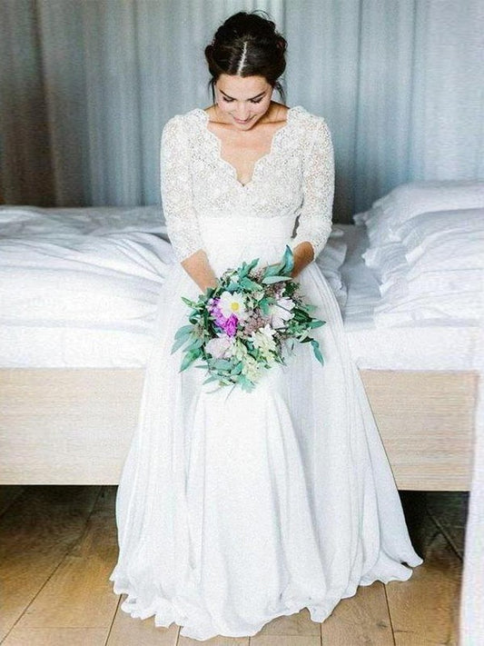 A-Linie/Princess-Linie Chiffon Spitze V-Ausschnitt Lange Ärmel Bodenlang Brautkleider