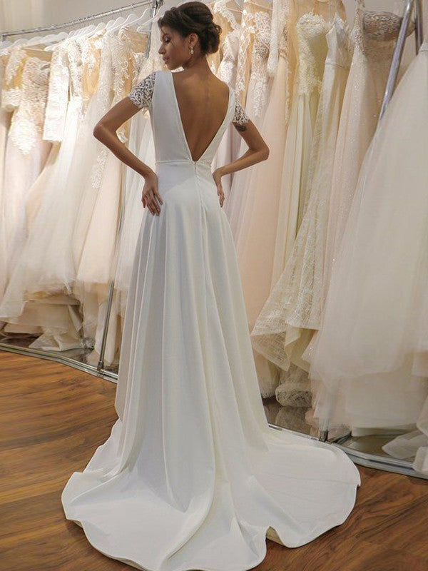 Vestidos de novia de corte A/princesa con encaje de crepé elástico, escote redondo, mangas cortas y cola larga