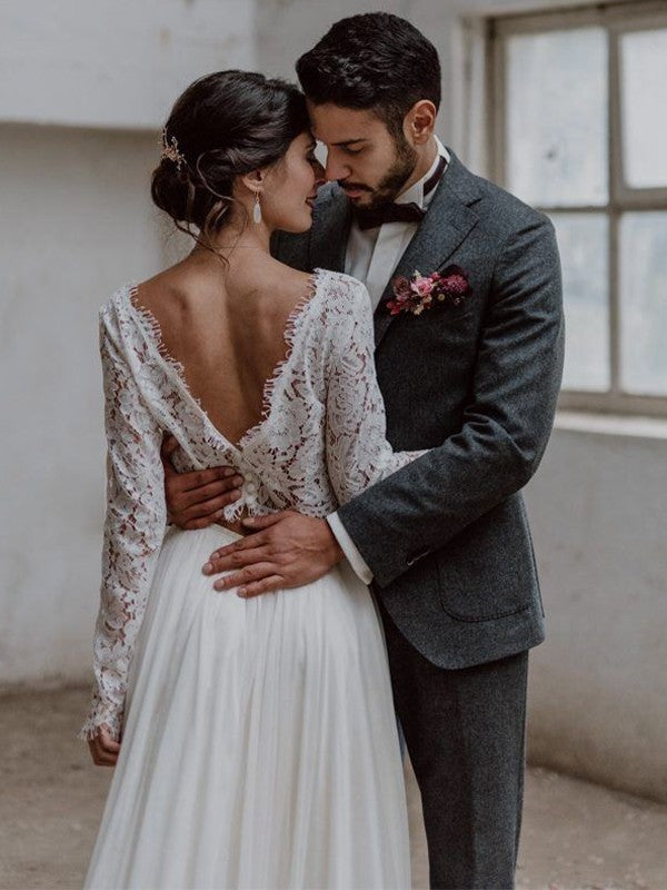 Vestido de novia de dos piezas con corte A/princesa, tul, encaje, escote redondo, mangas largas y cola larga